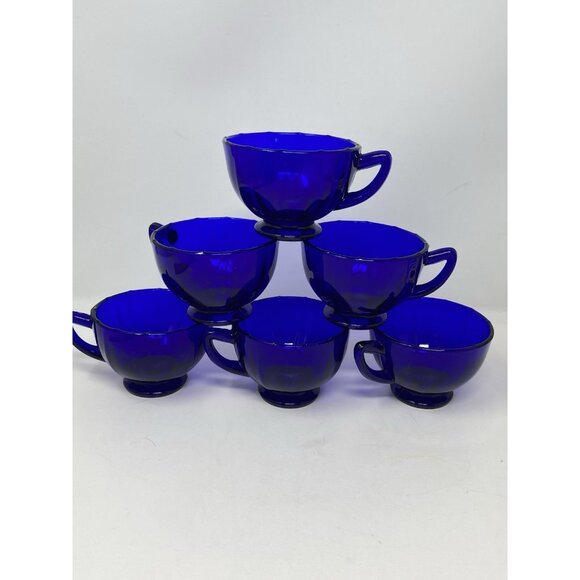 Set Of 6 Vintage New Martinsville Addie Cobalt Blue Glass Coffee Tea Cups 5.5 oz - Picture 1 of 10